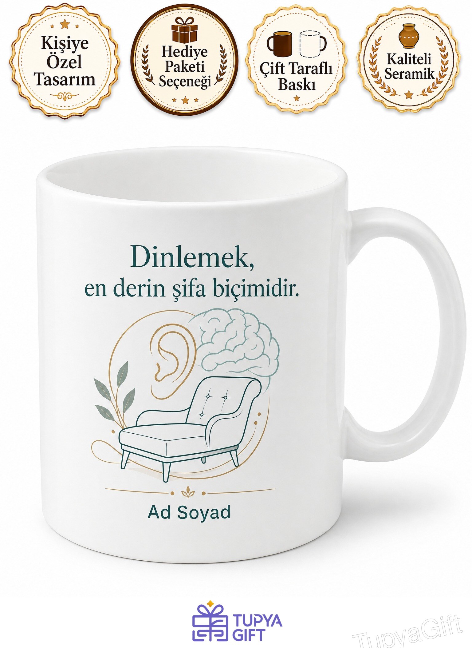 Psikolog Divan Dinleyen Kulak Ruh Terapisi Farkındalık Kupa Bardak Hediye