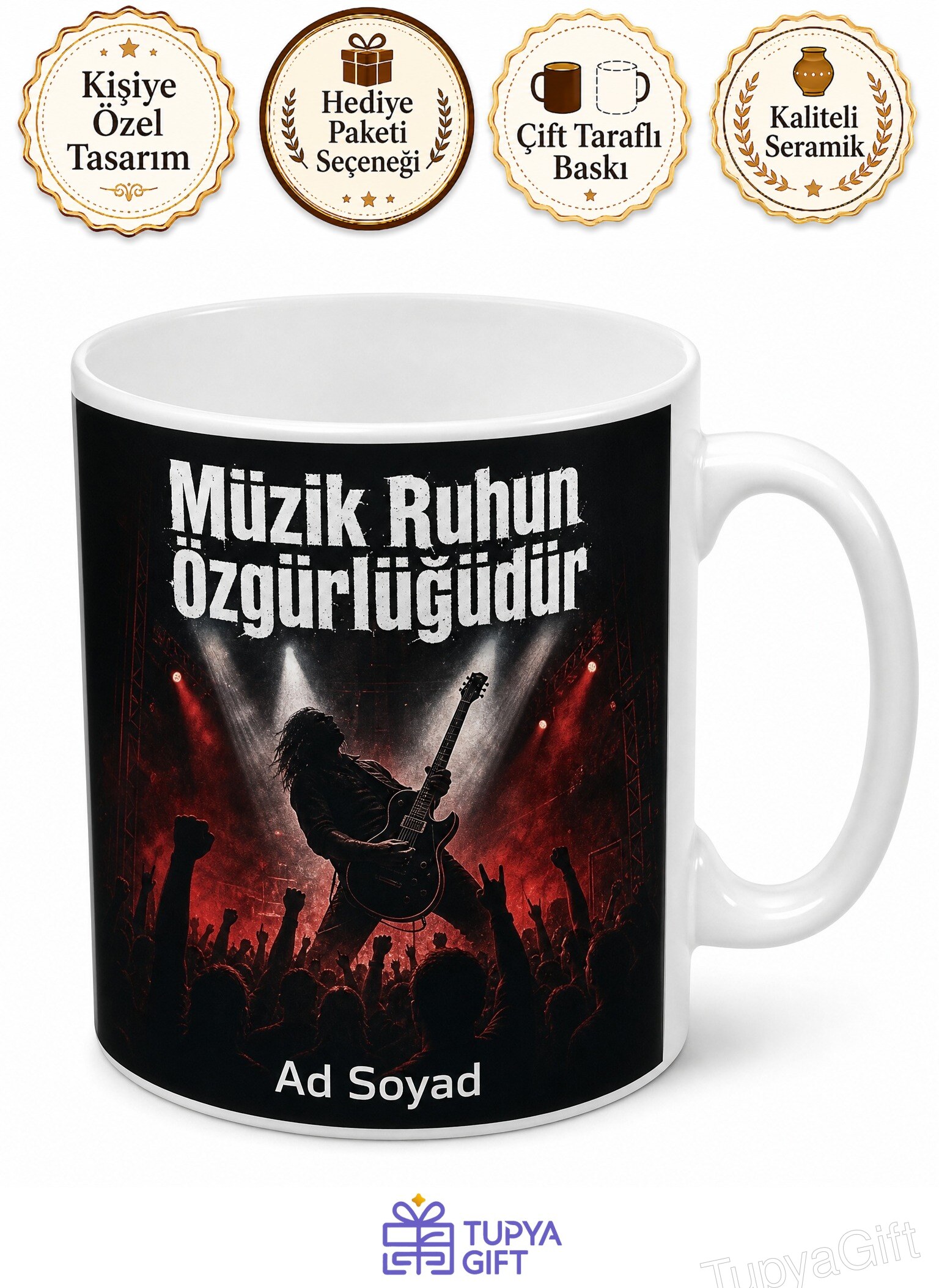 Rock Müzik Elektro Gitar Konser Temalı Baskılı Porselen Kupa Bardak Hediye