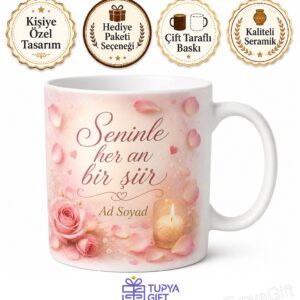 Romantik Mum Işığı Gül Yaprağı Pastel Pembe Aşk Şiirleri Kupa Bardak Hediye