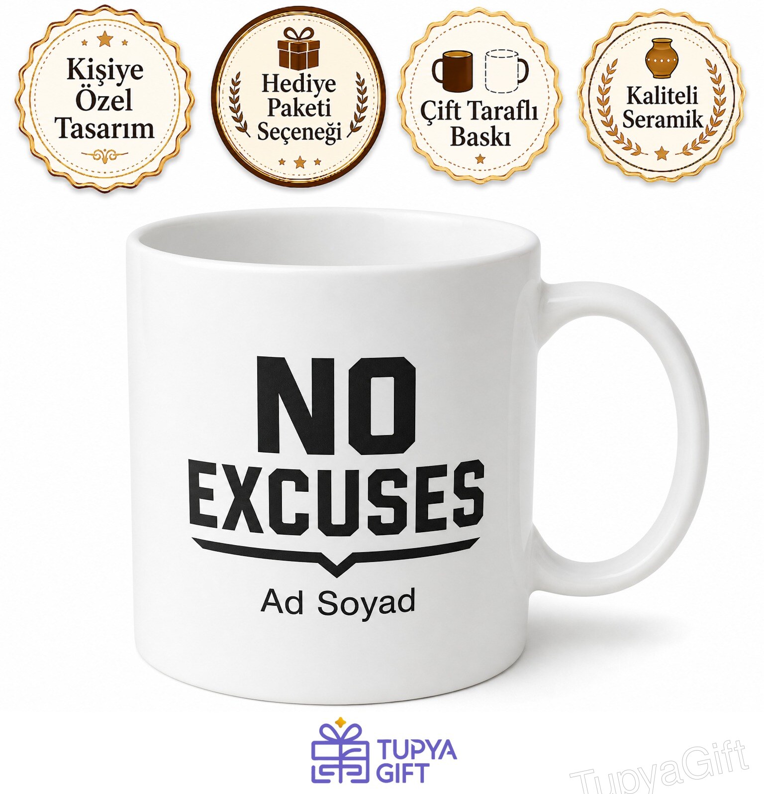 No Excuses Baskılı Bahane Yok İngilizce Motivasyon Kupa Bardak Hediye