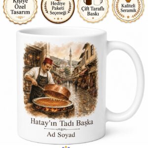 Hatay Antakya Uzun Çarşı Künefe Ustası Habibi Neccar Camii Baskılı Kupa Hediye Bardak