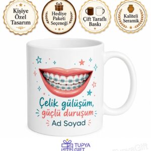 Diş Teli Braketli Gençlere Ortodonti Çelik Gülüş Temalı Hediye Kupa Bardak