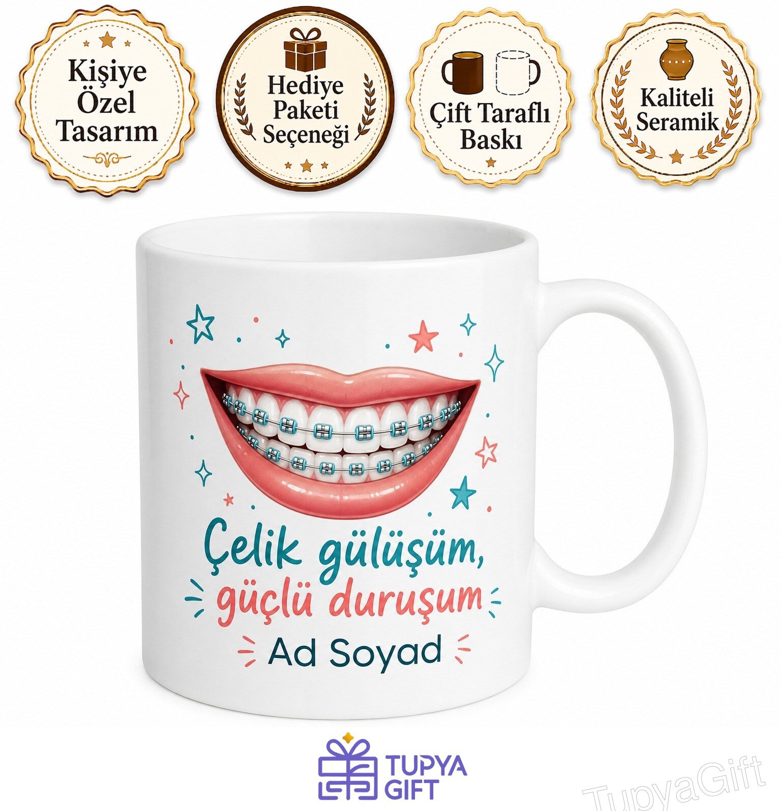 Diş Teli Braketli Gençlere Ortodonti Çelik Gülüş Temalı Hediye Kupa Bardak