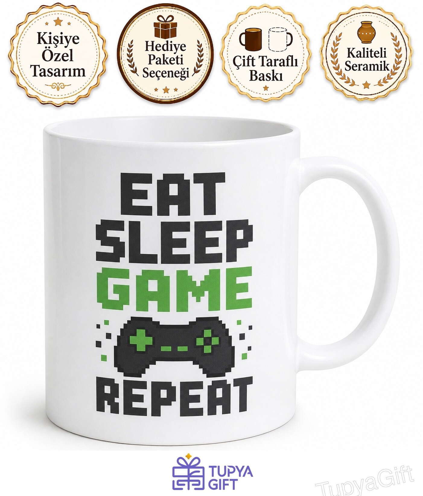 Eat Sleep Game Repeat Yazılı Gamer Kupa Bardak Oyuncu Hediye Mug