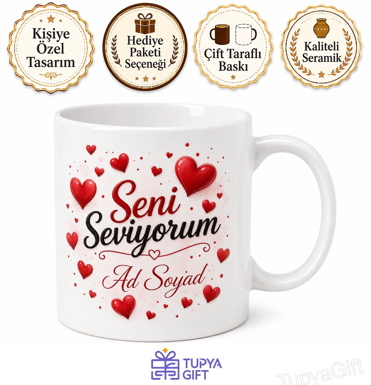 Kırmızı Kalpli Seni Seviyorum İsimli Romantik Sevgili Kupası Hediye Bardak