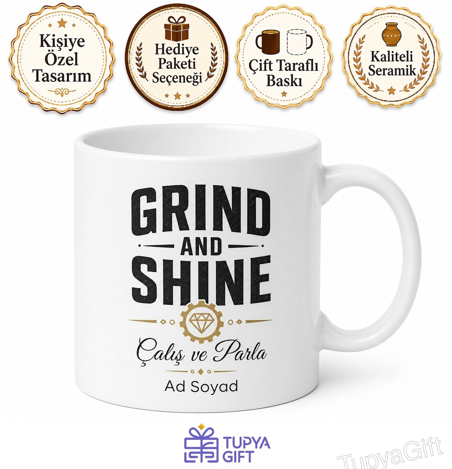 Grind And Shine Baskılı Çalış Ve Parla İngilizce Kahve Kupası Hediye Bardak