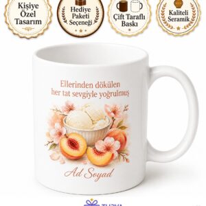 Şeftali Tatlısı Yapan Anneye Dondurmalı Şeftali Kupa Bardak Hediye