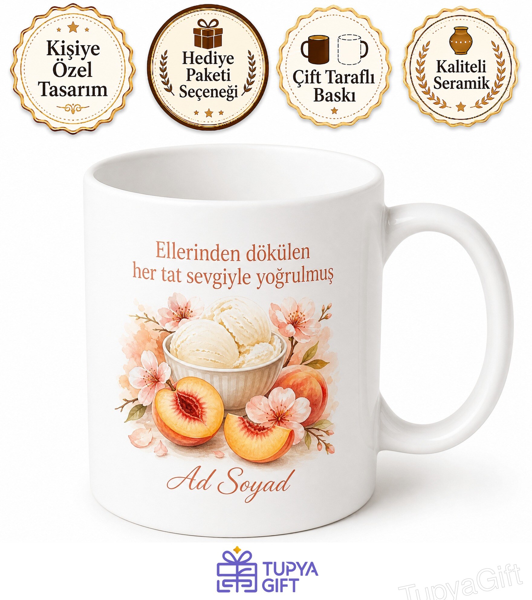 Şeftali Tatlısı Yapan Anneye Dondurmalı Şeftali Kupa Bardak Hediye