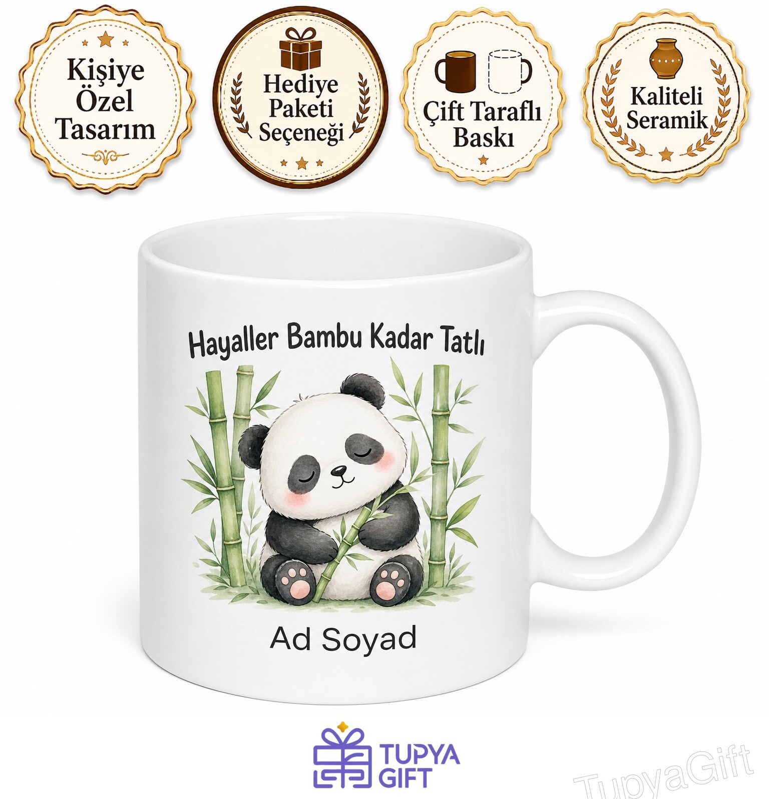 Sevimli Panda Bambu Yiyen Uykucu Tasarımlı Kupa Bardak Hediye