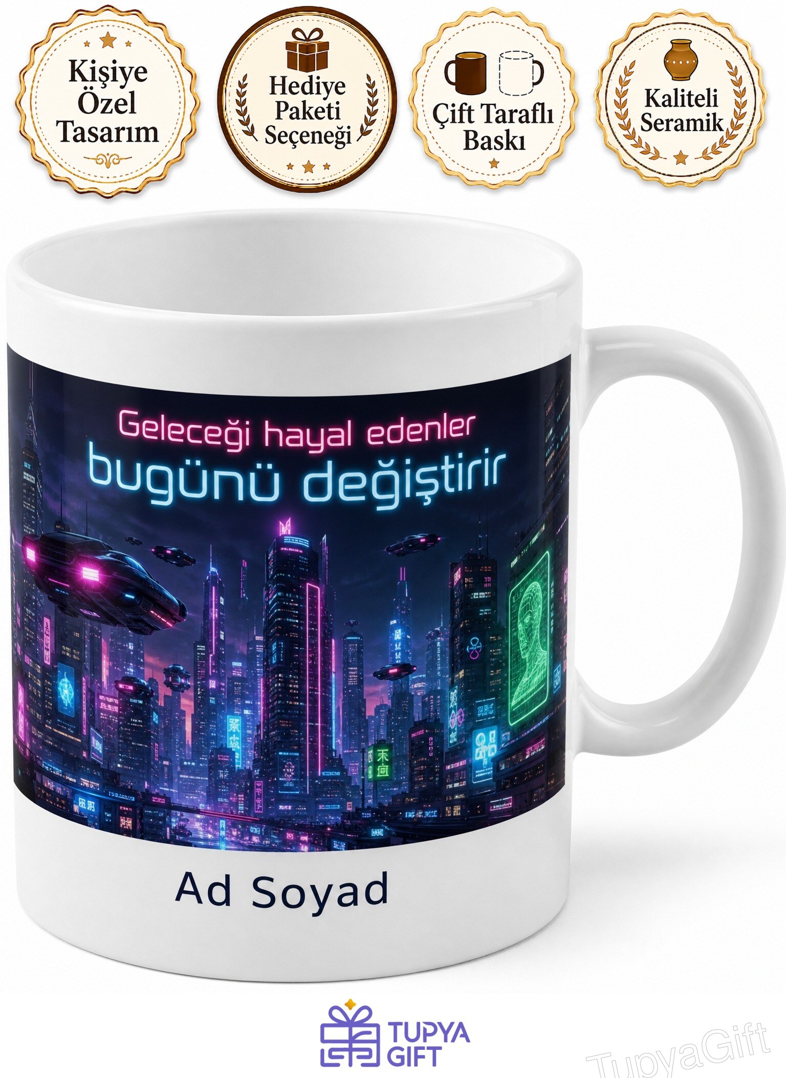 Siberpunk Gelecek Tasarımlı Renkli Aydınlatma Efektli Kupa Bardak Hediye