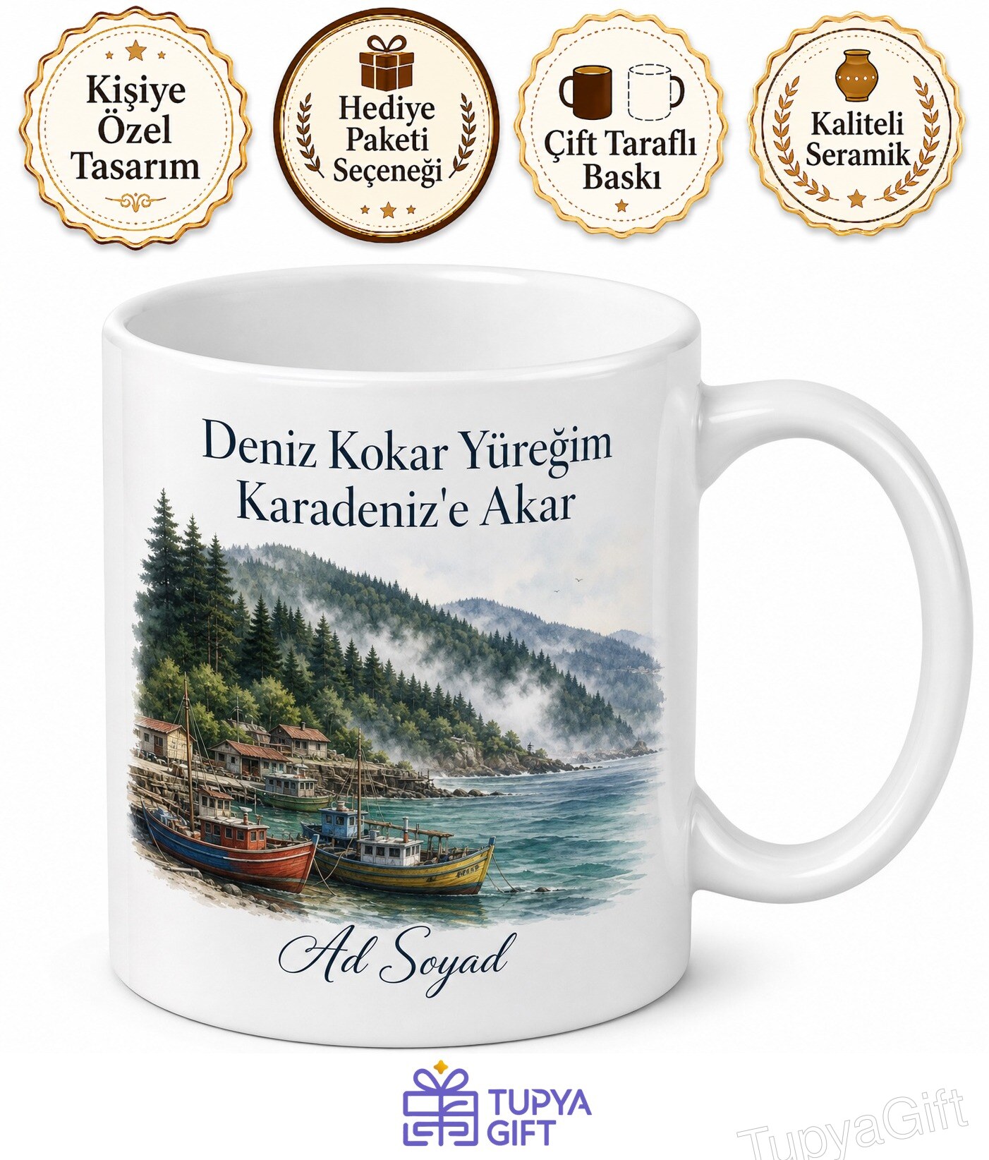 Sinop Türkeli Karadeniz Sahili Orman Çamlık Balıkçı Tekneleri Kupa Bardak Hediye