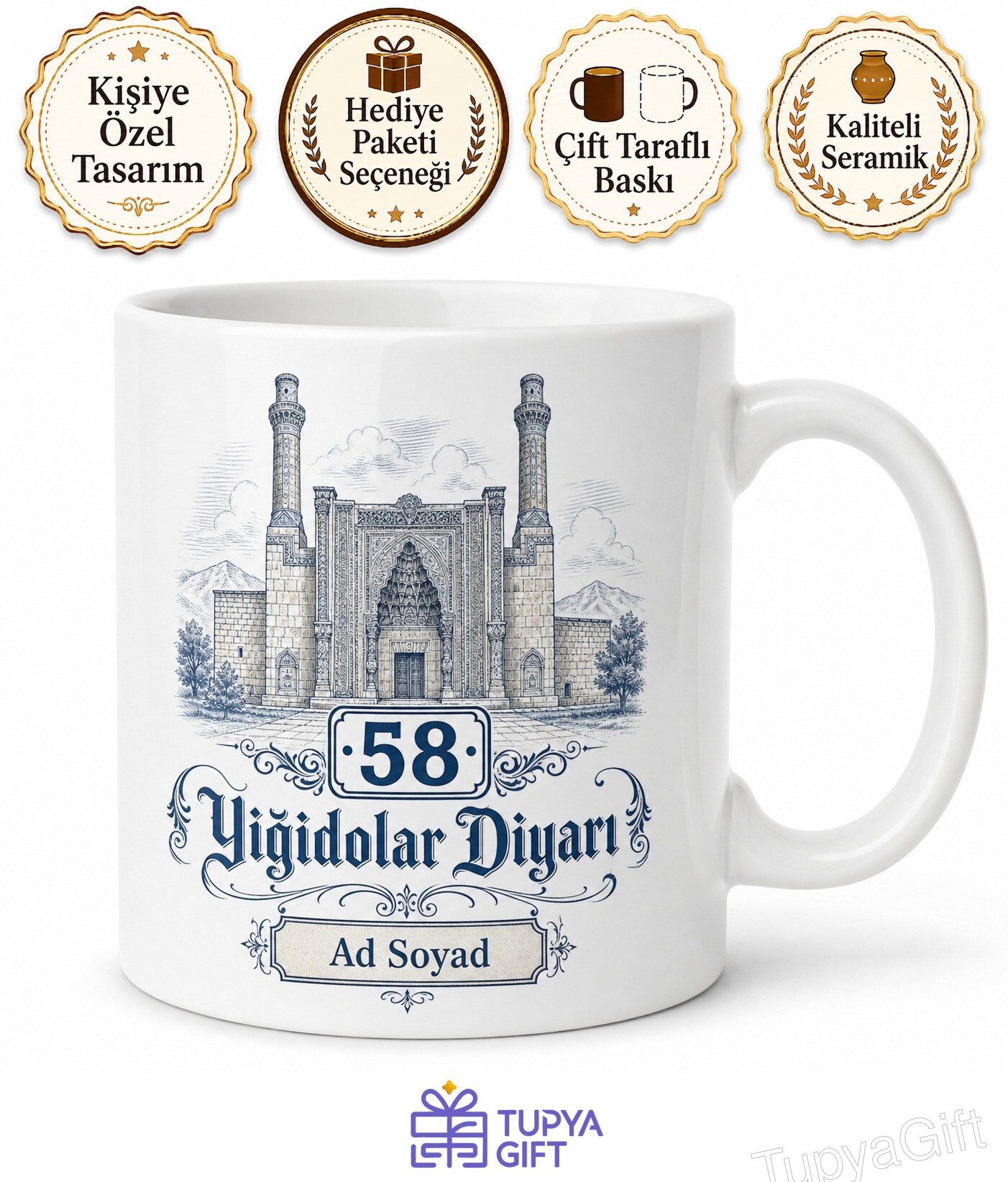 Sivas Plakalı Gök Medrese Çizimli Yiğidolar Diyarı Seramik Kupa Bardak Hediye