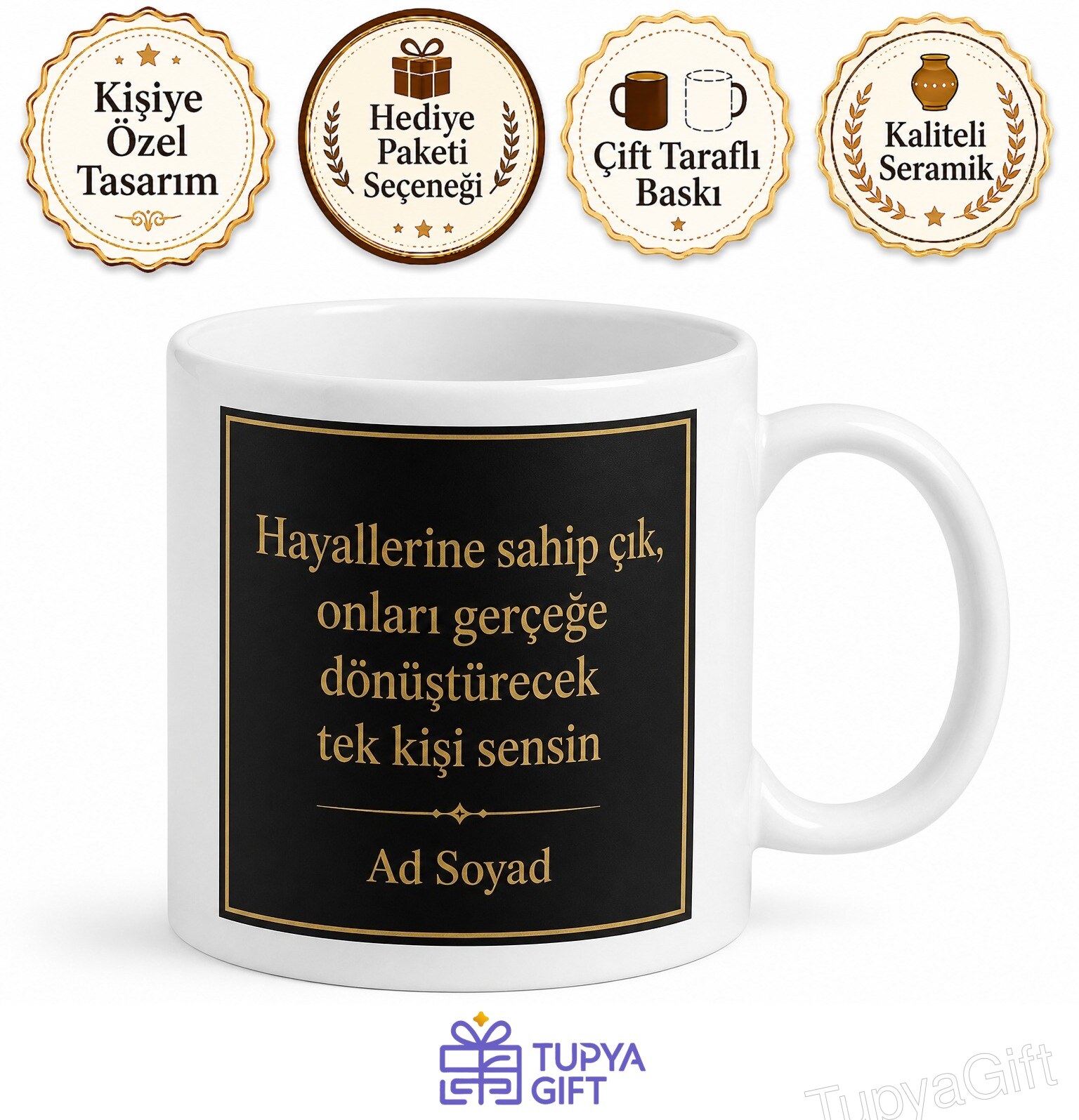 Siyah Mat Zemin Altın Harf Baskılı Lüks Kadın Kupa Bardak Özel Tasarım Hediye