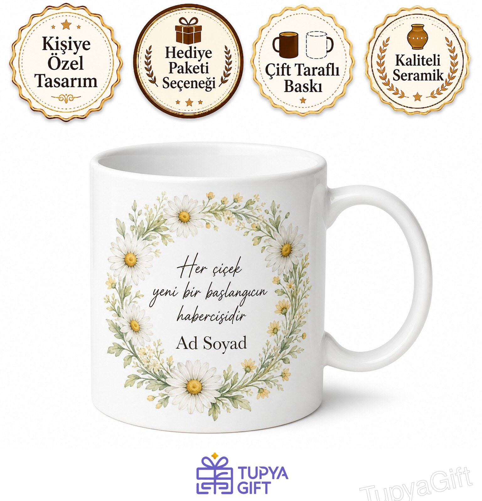 Sulu Boya Papatya Çelenk Tasarımlı Kişiye Özel Bahar Çay Kupası Hediye Bardak