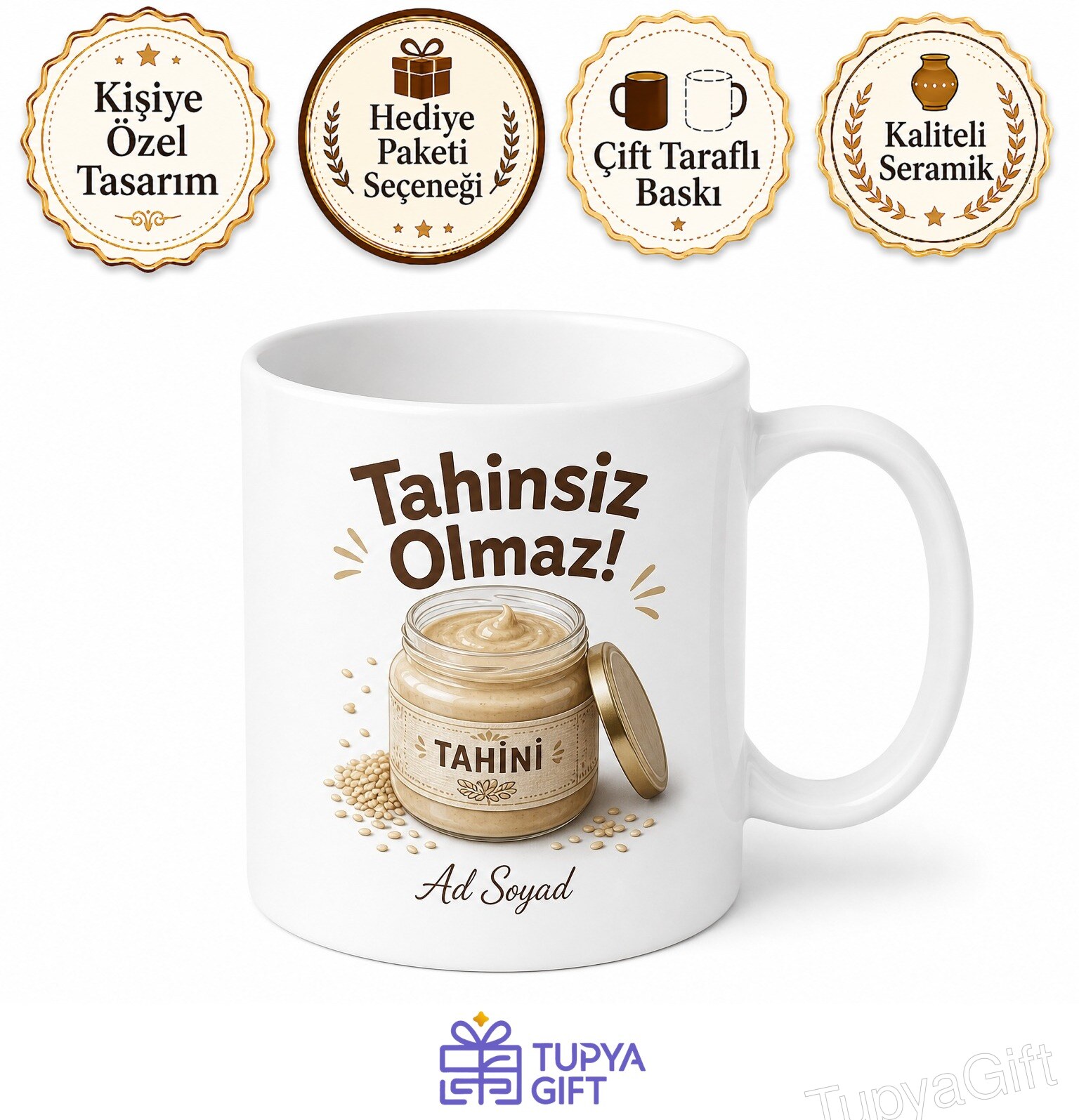 Tahin Severler İçin Özel Tasarım Tahinli Pide Tahin Pekmez Temalı Porselen Kupa Bardak Hediye