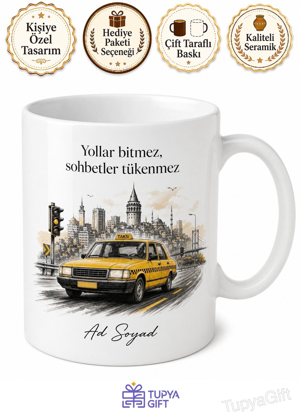 Taksi Sürücüsüne Hediye Sarı Taksi Şehir Trafiği Yolcu Sohbeti Esnaf Kupa Bardak