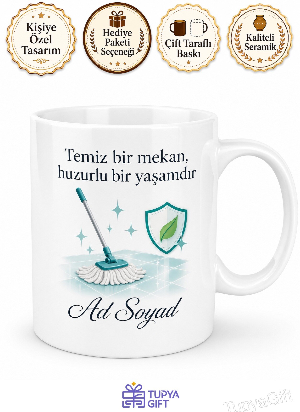 Temizlik İşçisine Hediye Hijyen Hizmetleri Temalı Baskılı Porselen Kupa Bardak