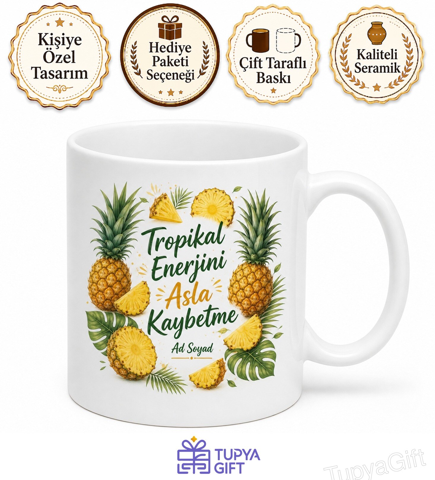 Tropikal Ananas Temalı Porselen Kupa Bardak Ananas Suyu Severler İçin Özel Hediye