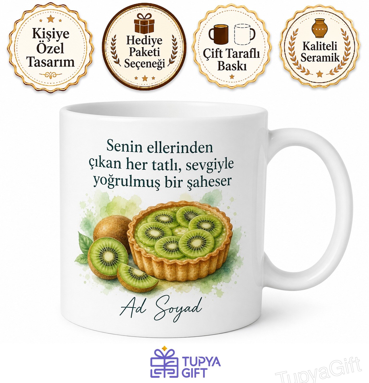 Kivi Tatlısı Yapan Annelere Kivili Tart Kupa Bardak Anneye Özel Hediye