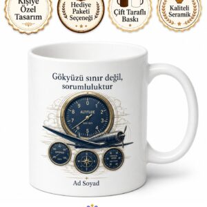Uçak Kaptanı Kokpit Uçuş Planı Sivil Havacılık Temalı Porselen Kupa Bardak Hediye