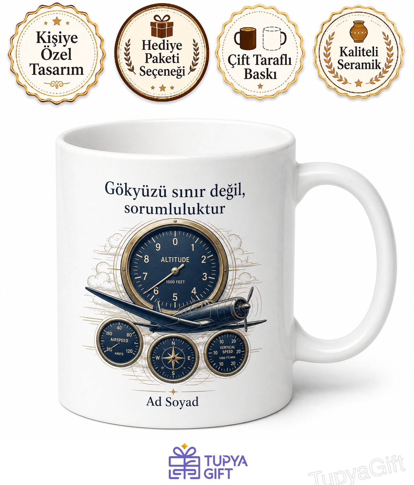 Uçak Kaptanı Kokpit Uçuş Planı Sivil Havacılık Temalı Porselen Kupa Bardak Hediye