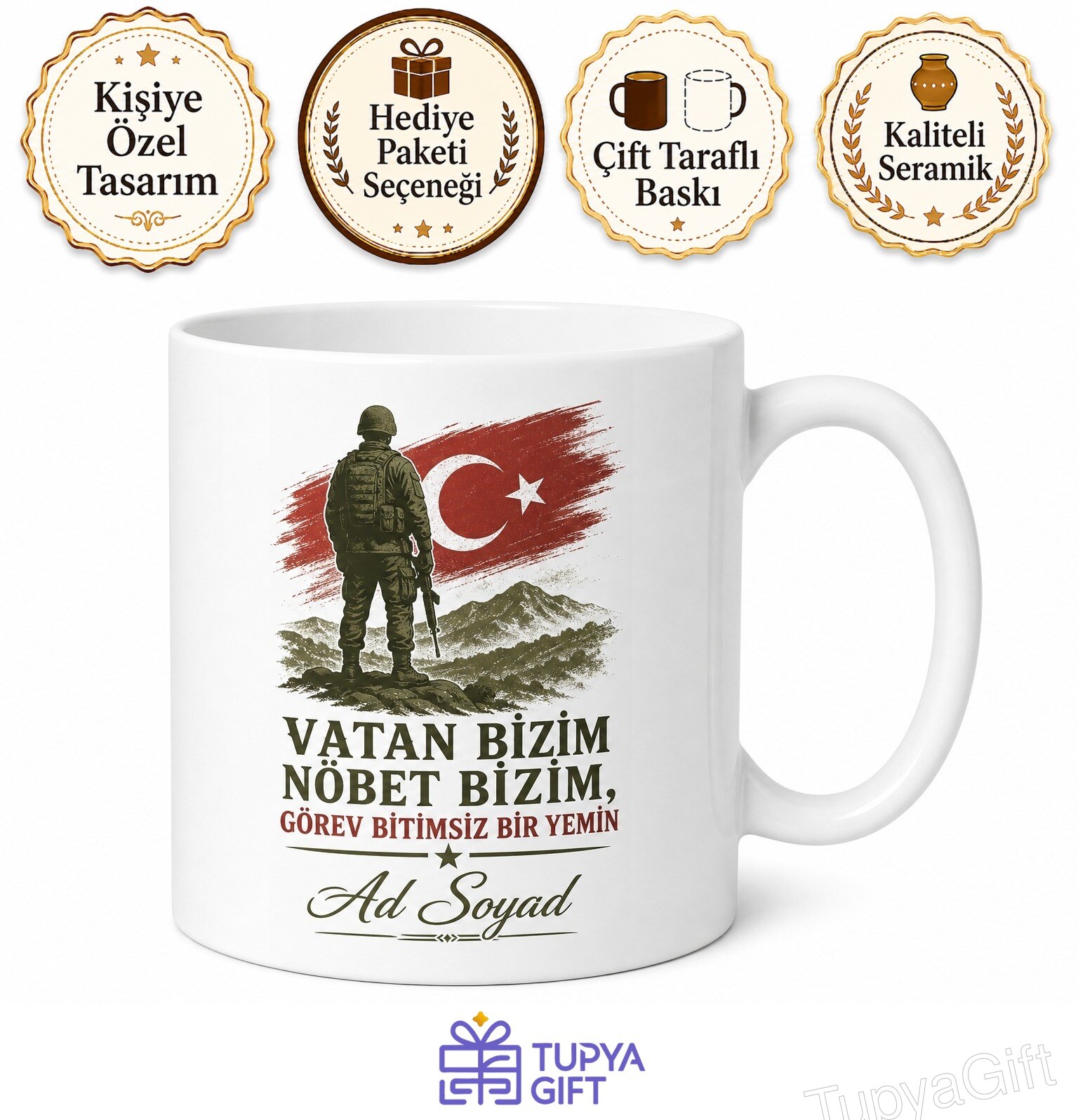 Vatanın Yılmaz Savunucusu Asker İsim Yazılı Çay Kupası Hediye Bardak