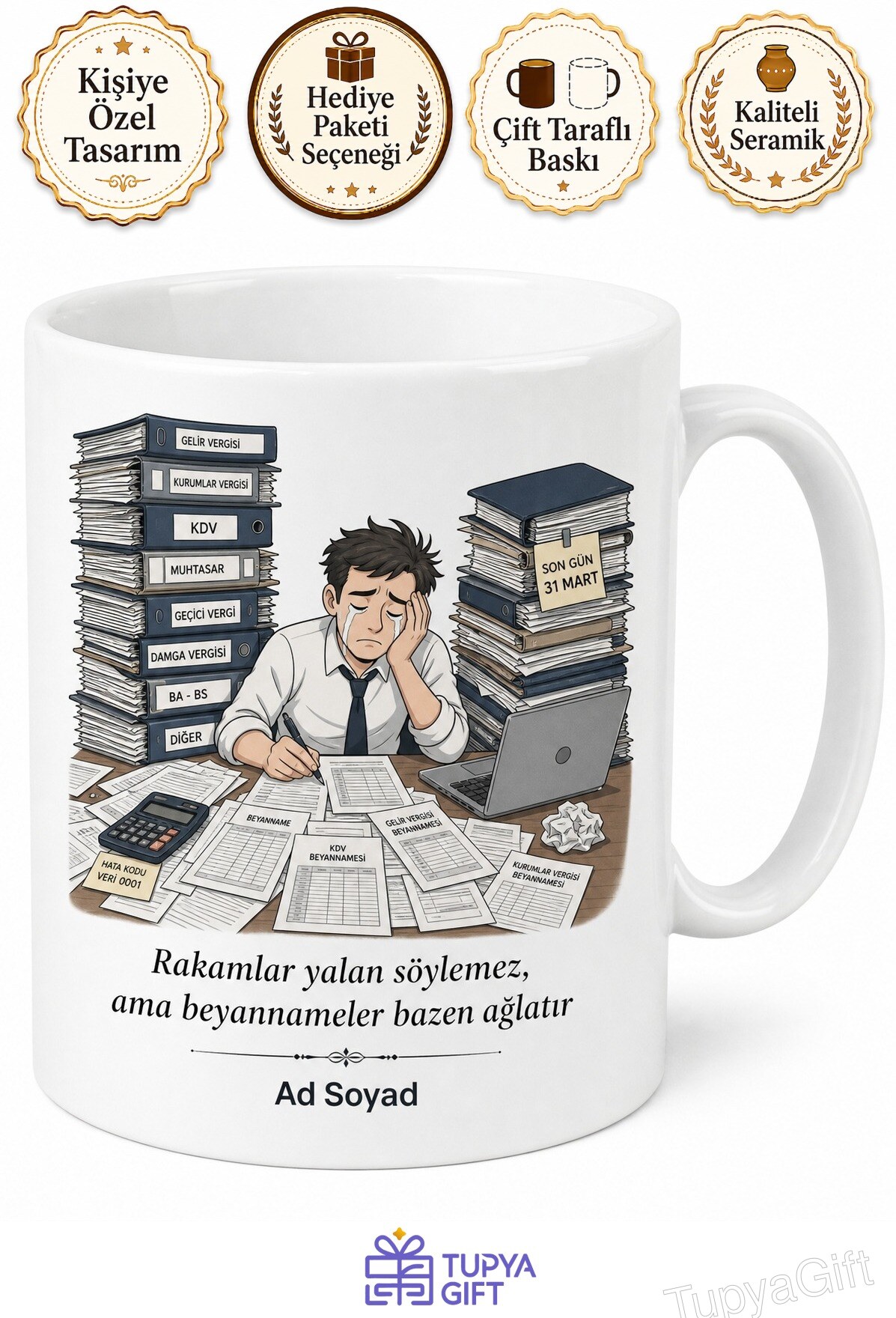 Vergi Dairesi Memuru Dosya Yığınları Beyanname Yoğunluğu Kupa Bardak Hediye