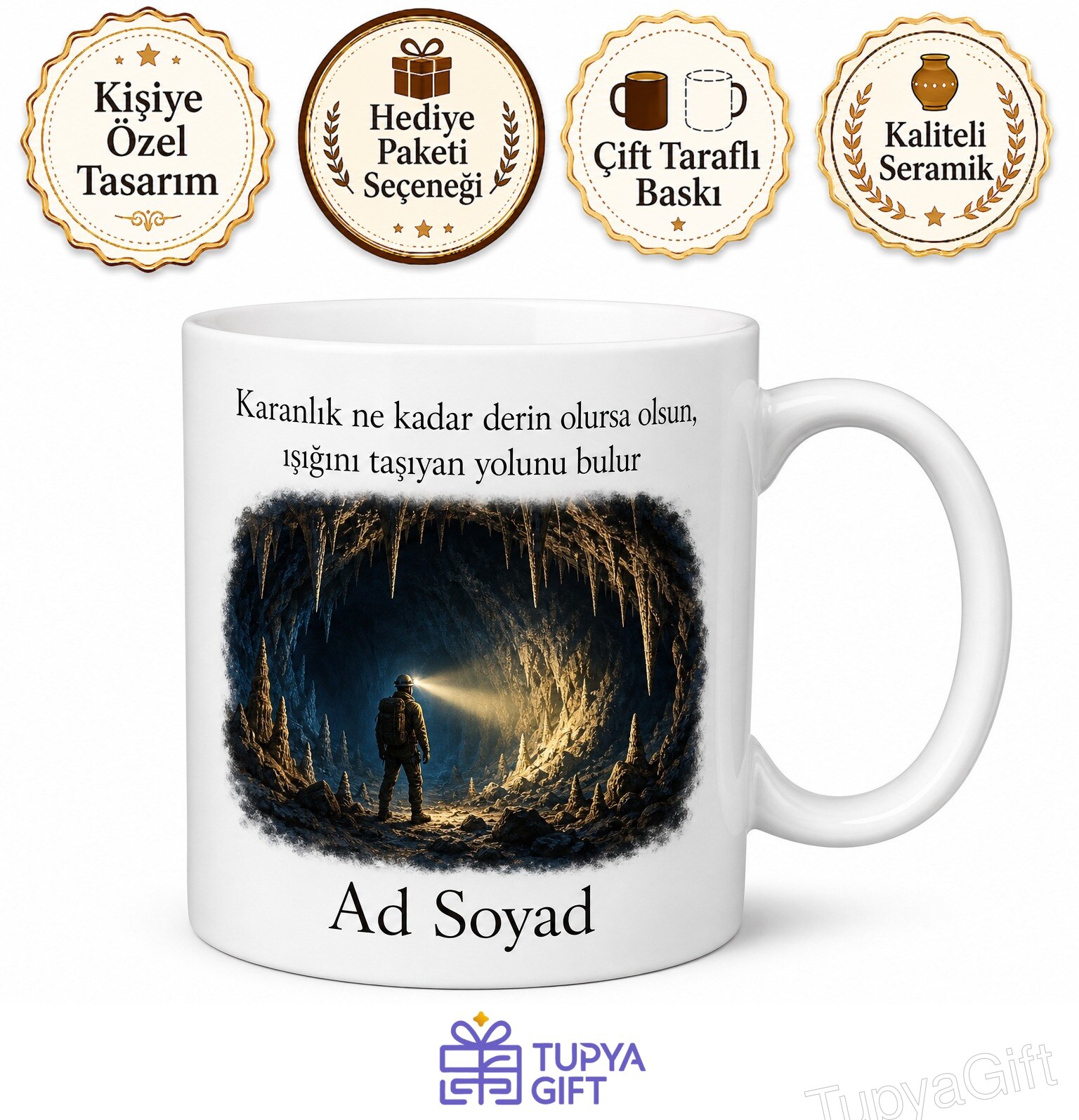 Yeraltı Kaşifi Kafa Lambası Mağara Araştırması Karanlık Temalı Baskılı Kupa Bardak Hediye