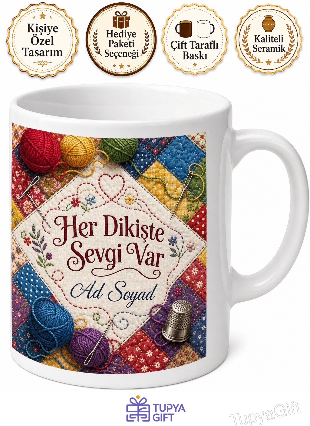 Yorgancılık Sanatı İğne İplik Motifleri Rengarenk Çay Kupası Hediye Bardak