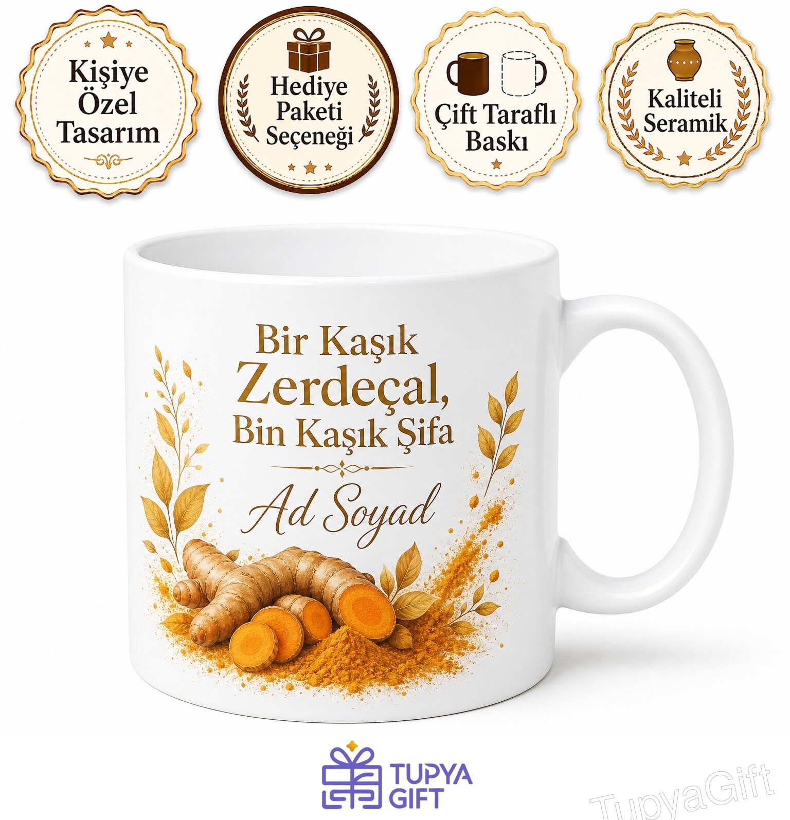 Zerdeçal Kullananlara Hediye Toz Zerdeçal Altın Süt Şifalı Baharat Temalı Kupa Bardak