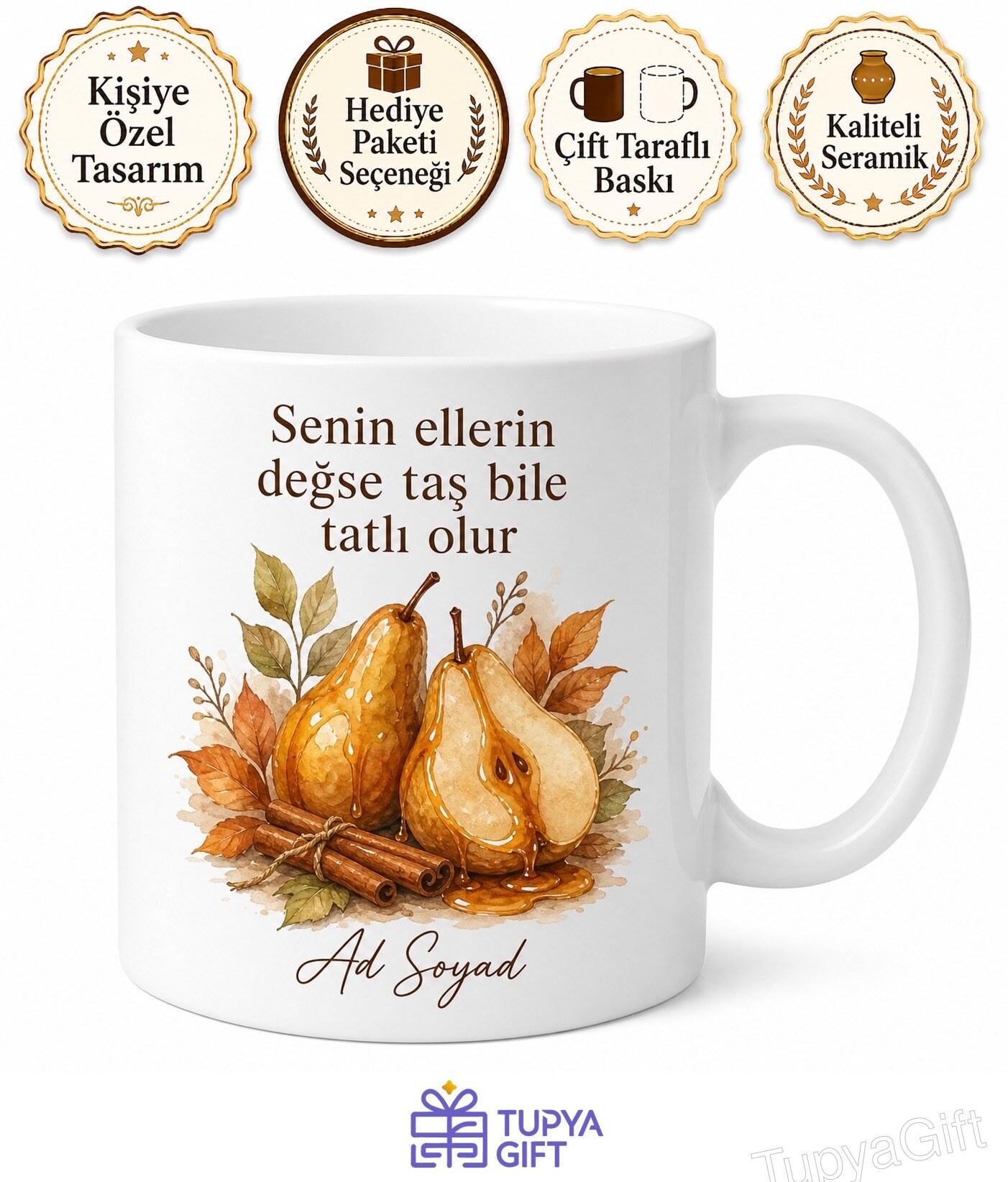 Armut Tatlısı Yapan Annelere Şerbetli Armut Kupa Bardak Anneye Özel Hediye