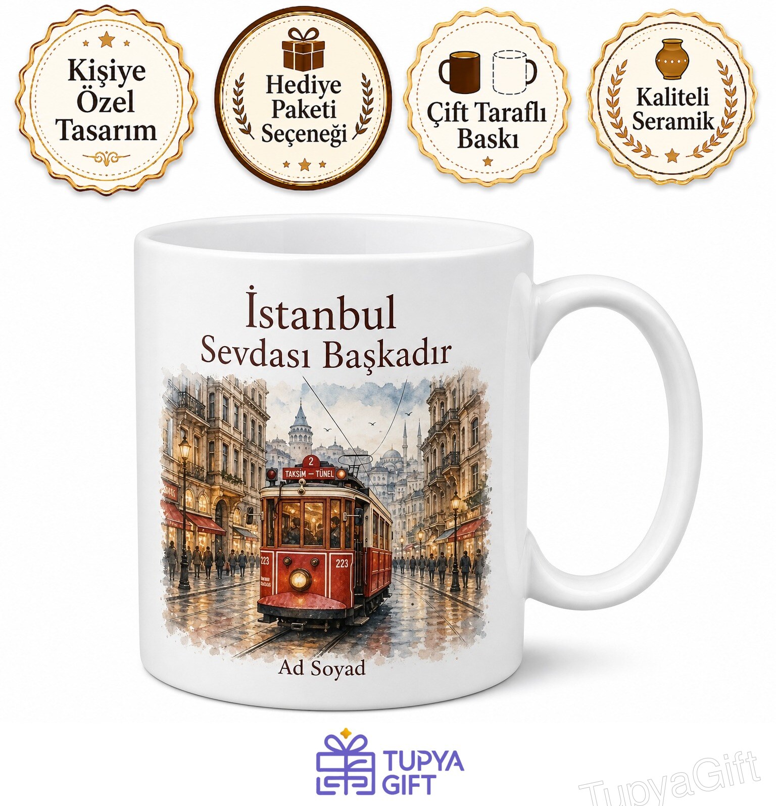 Beyoğlu İstiklal Caddesi Nostaljik Tramvay İstanbul Hatırası Seramik Kupa Bardak Hediye
