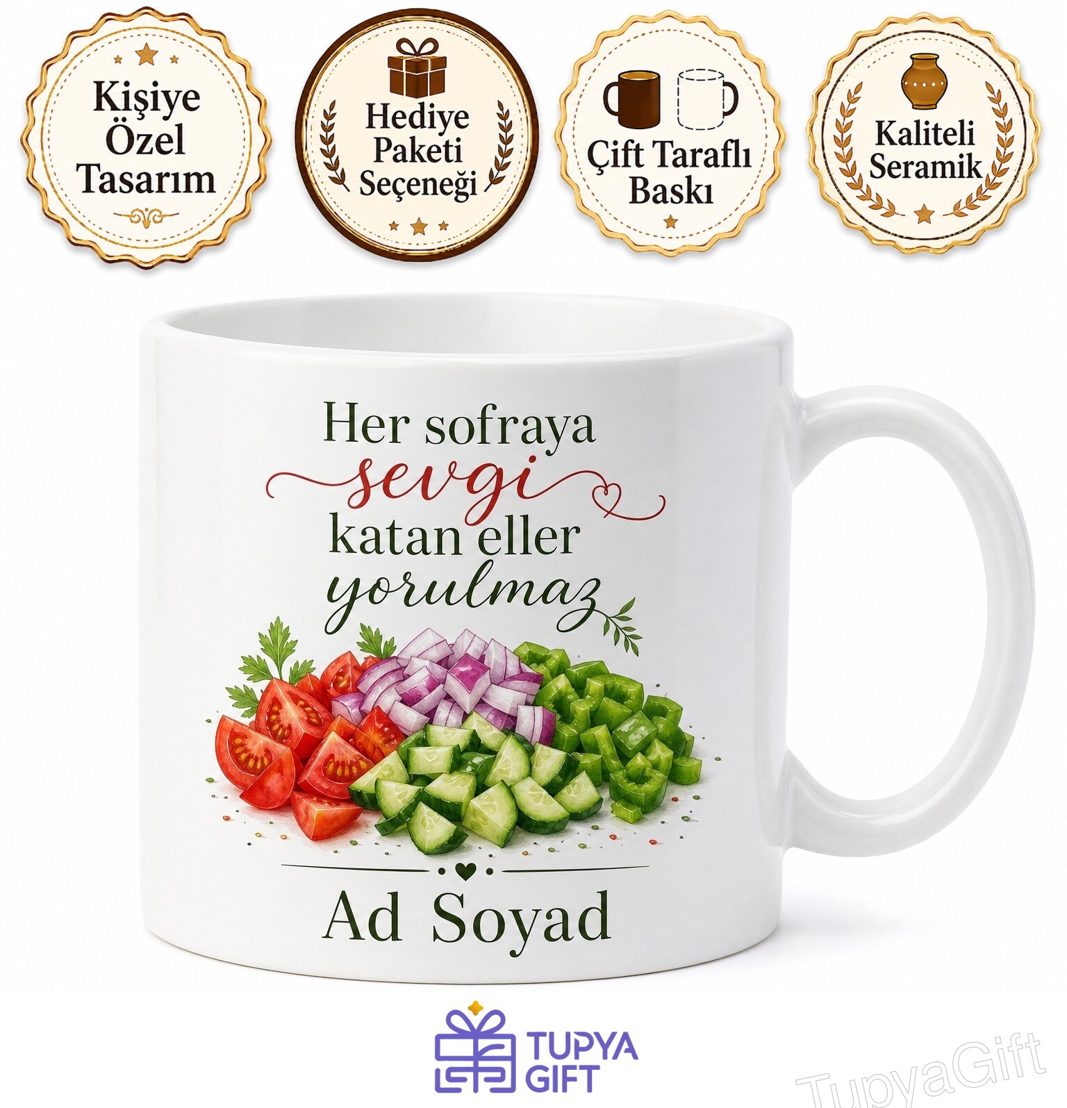 Çoban Salata Yapan Annelere Soğanlı Domatesli Kebap Yanı Kupa Bardak Hediye