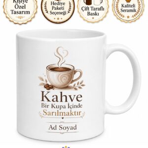 Coffee It's A Hug In A Mug Yazılı İngilizce Kahve Temalı Porselen Kupa Bardak Hediye