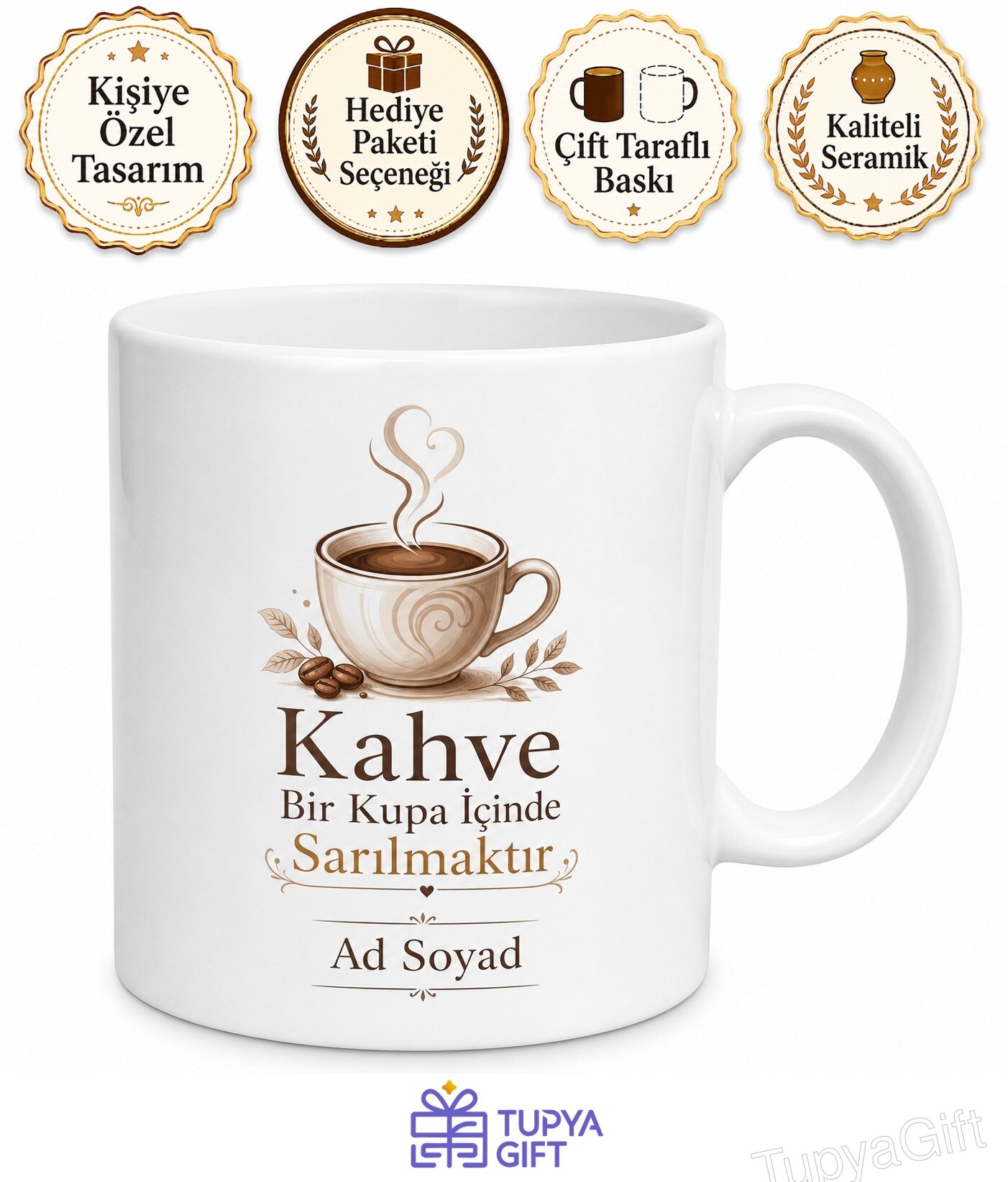 Coffee It's A Hug In A Mug Yazılı İngilizce Kahve Temalı Porselen Kupa Bardak Hediye