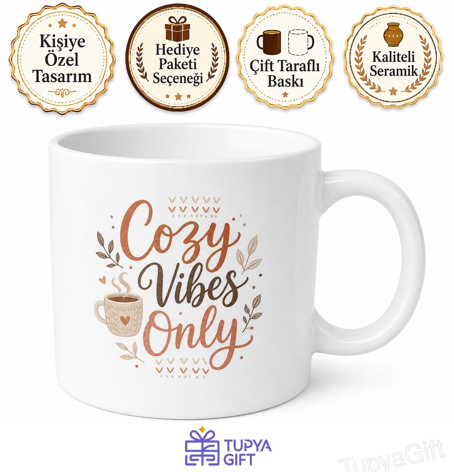 Cozy Vibes Only Yazılı Sadece Rahat Ortam İngilizce Kupa Bardak Hediye