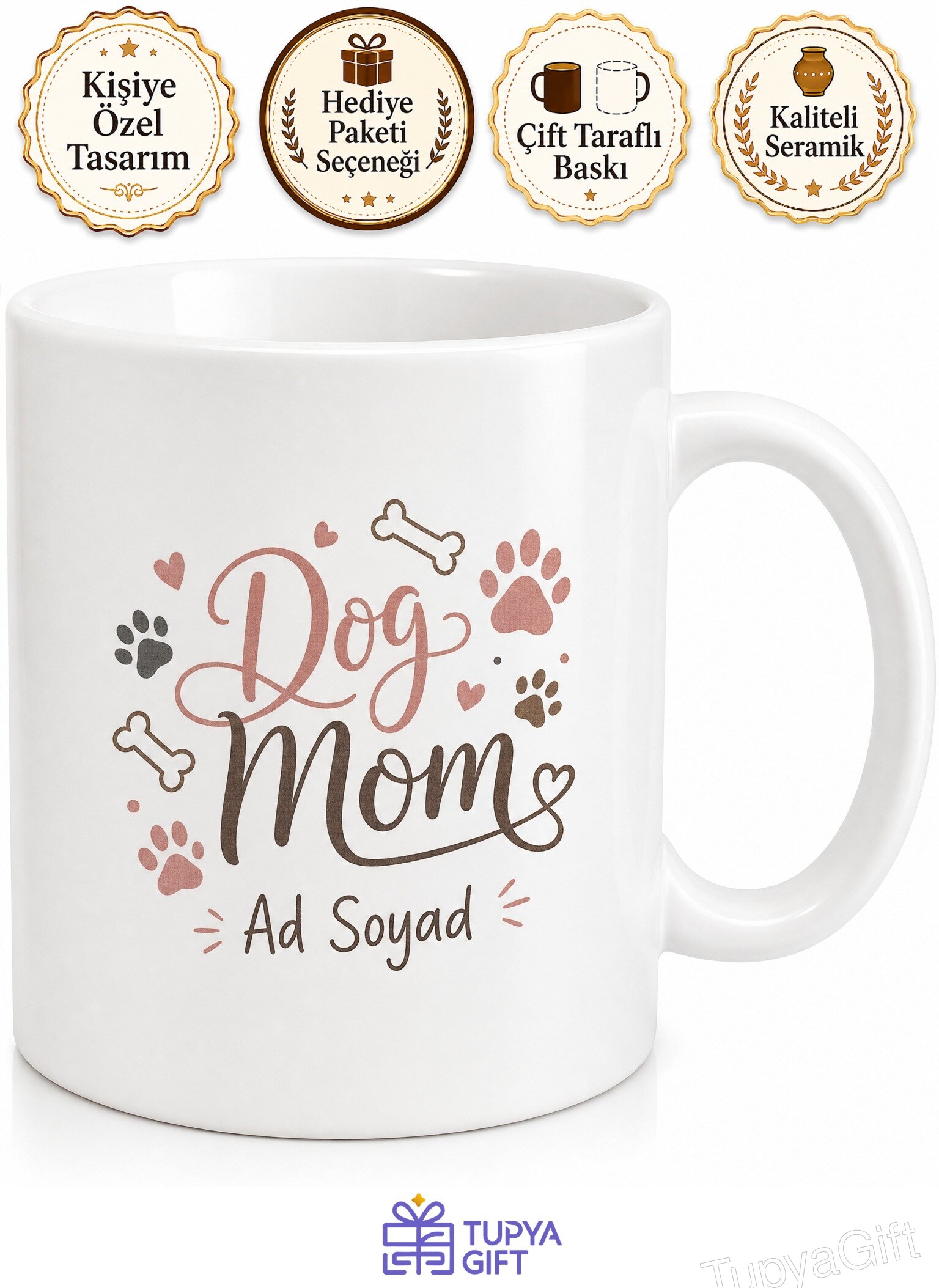 Dog Mom Yazılı Köpek Annelerine Özel Pati İzli Kemik Çizimli İngilizce Kupa Bardak Hediye