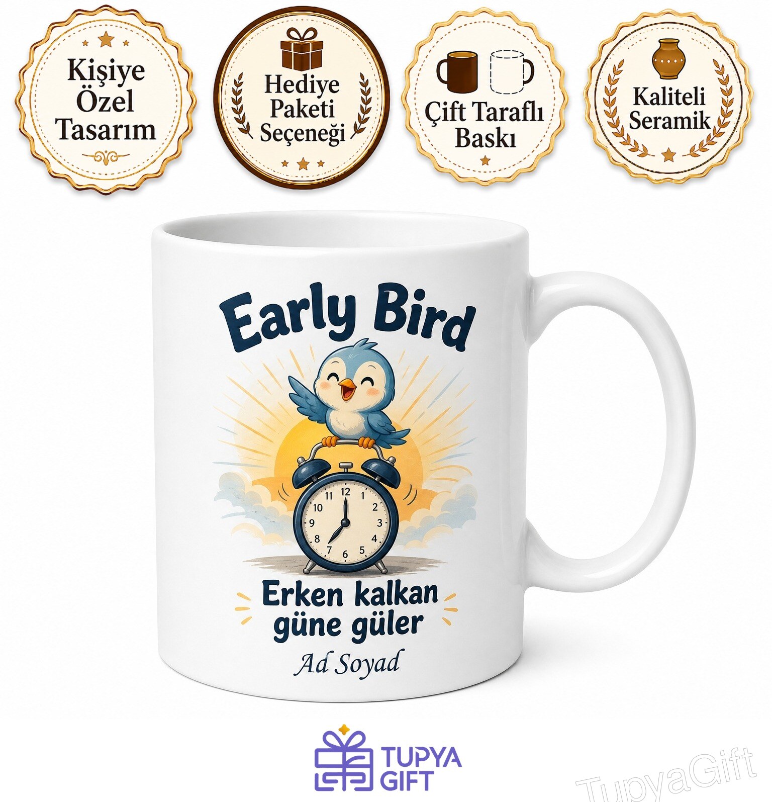 Early Bird Yazılı Erken Kalkanlara Özel Esprili Çay Kupası Hediye Bardak