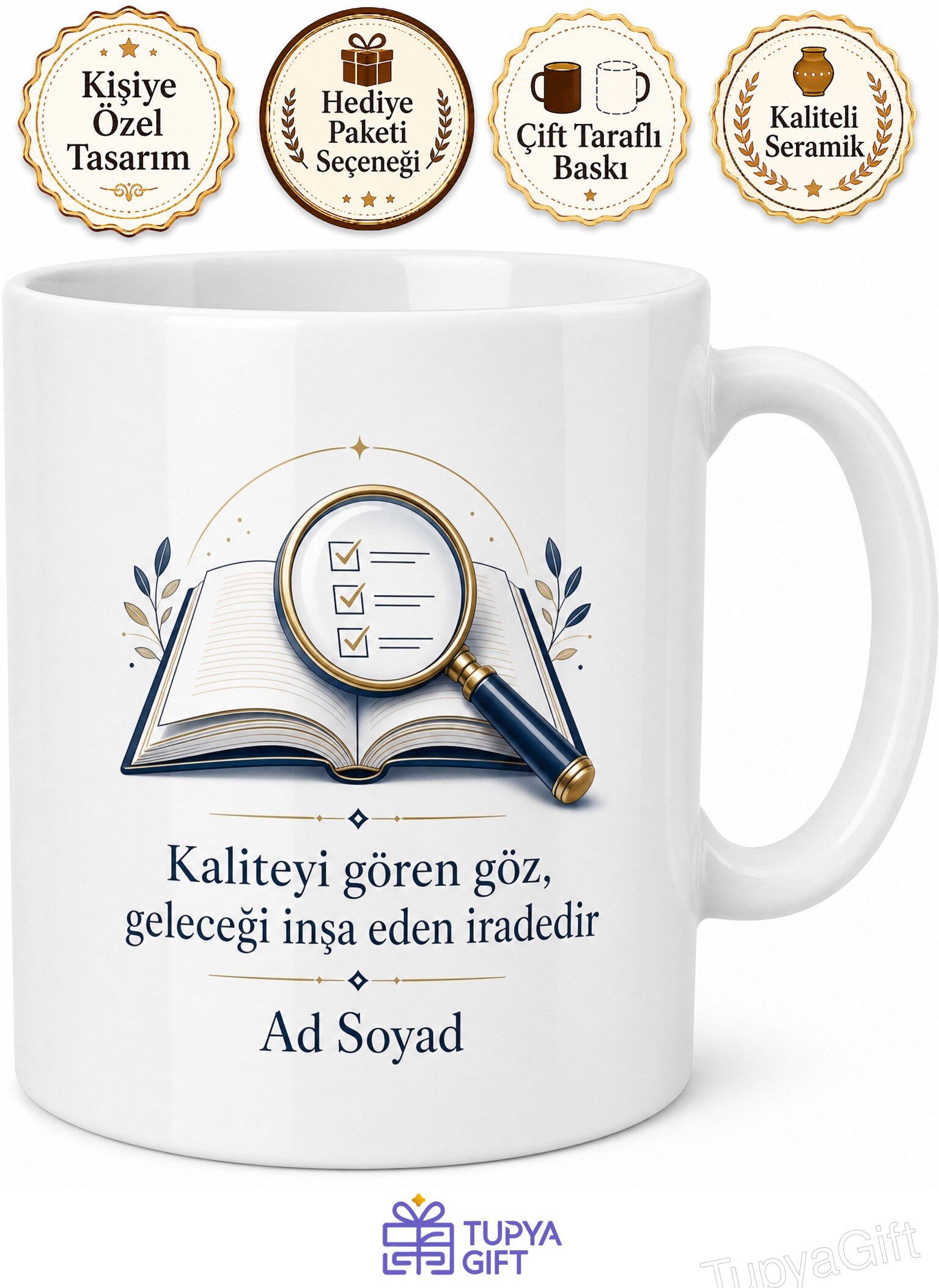 Eğitim Müfettişine Hediye Kaliteyi Disiplini Denetleyen Göz Baskılı Porselen Kupa Bardak