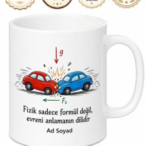 Fizik Öğretmeni Yerçekimi Sürtünme Kuvveti Çarpışan Arabalar Baskılı Kupa Bardak Hediye