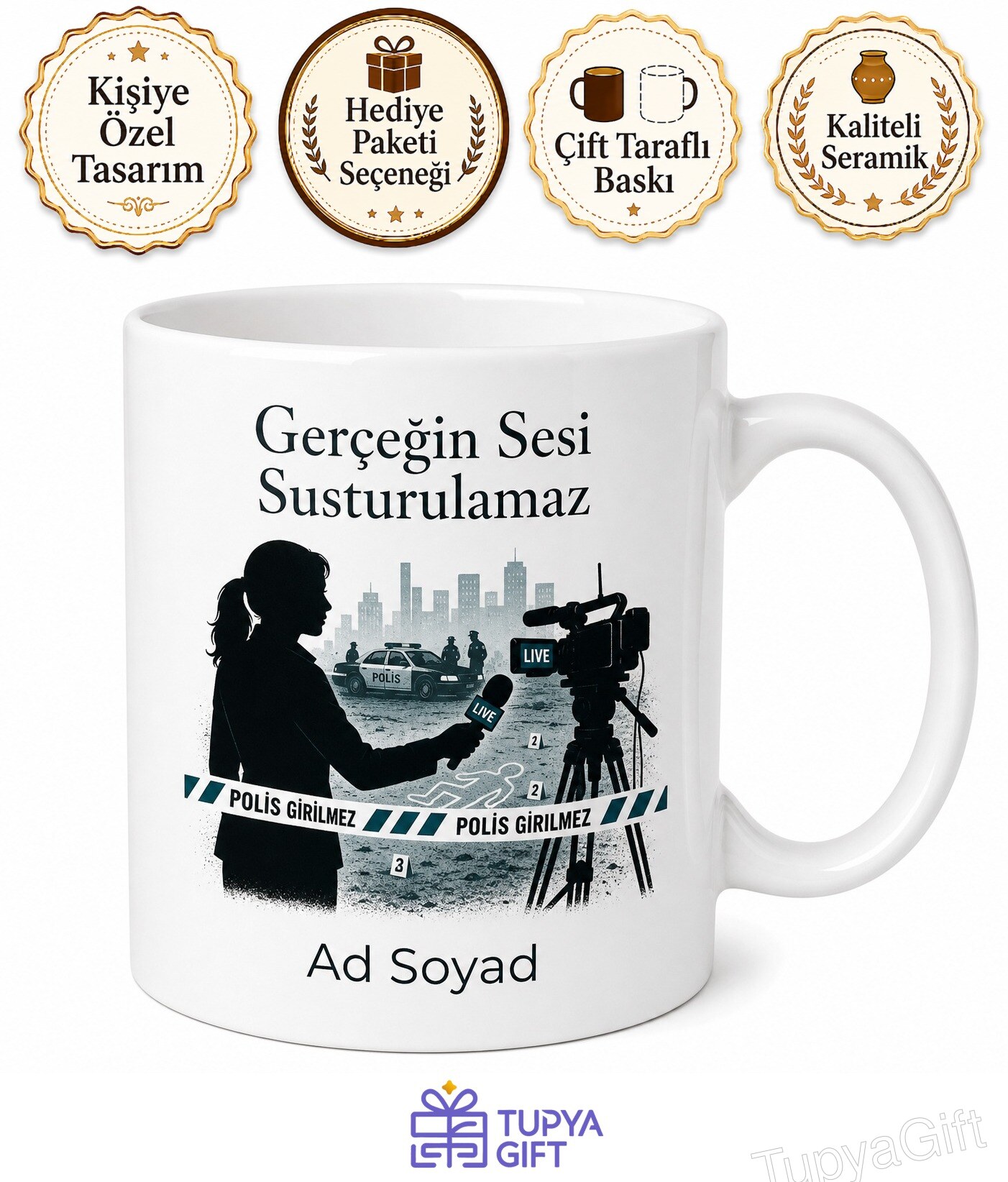 Gazeteci Muhabir Temalı Kupa Bardak Olay Yeri Habercisi Özel Tasarım Hediye