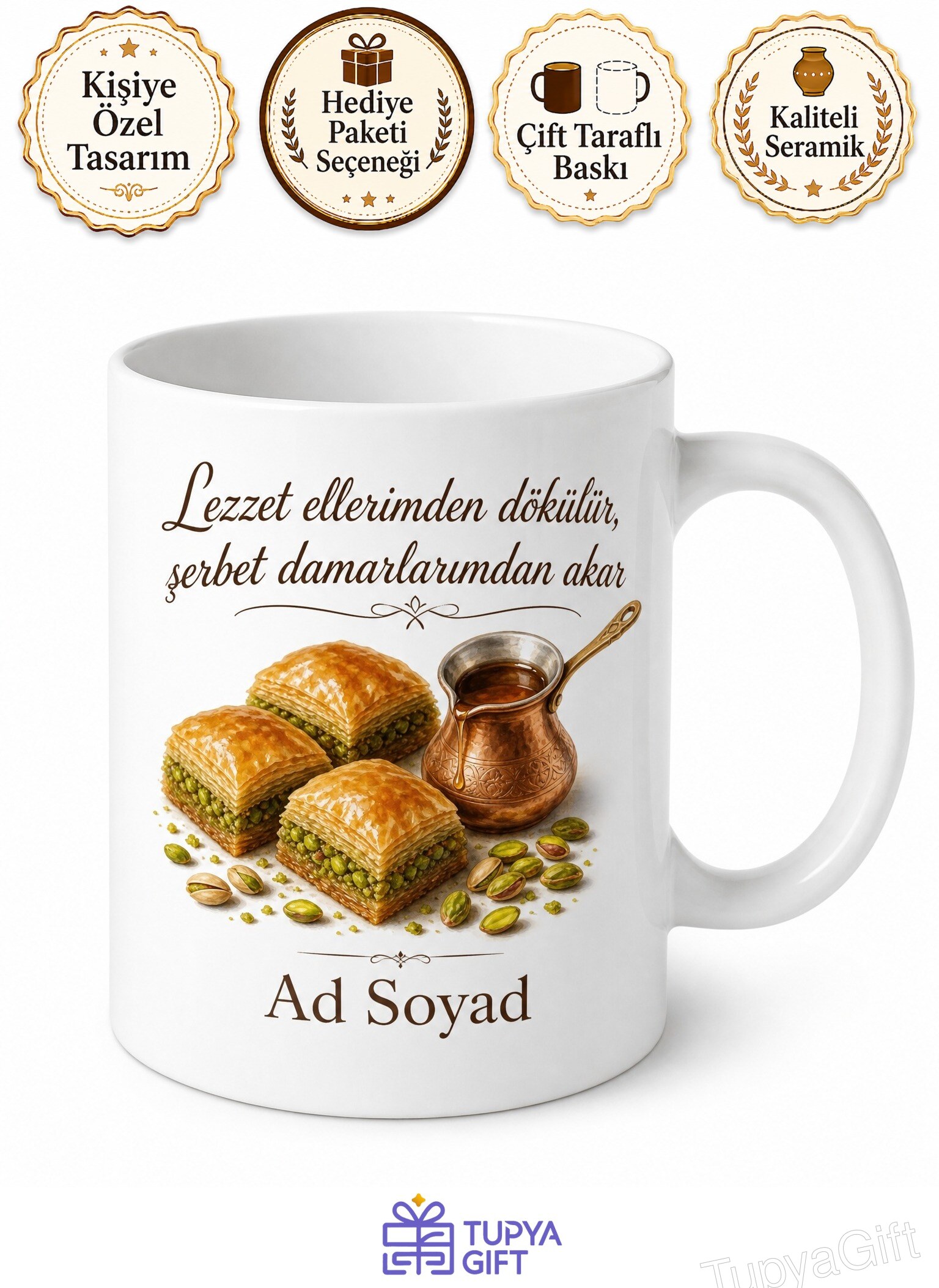 Gaziantep Tatlısı Baklava Ustası Fıstıklı Lezzet Şerbet Tatlı Krizi Kupa Bardak Hediye