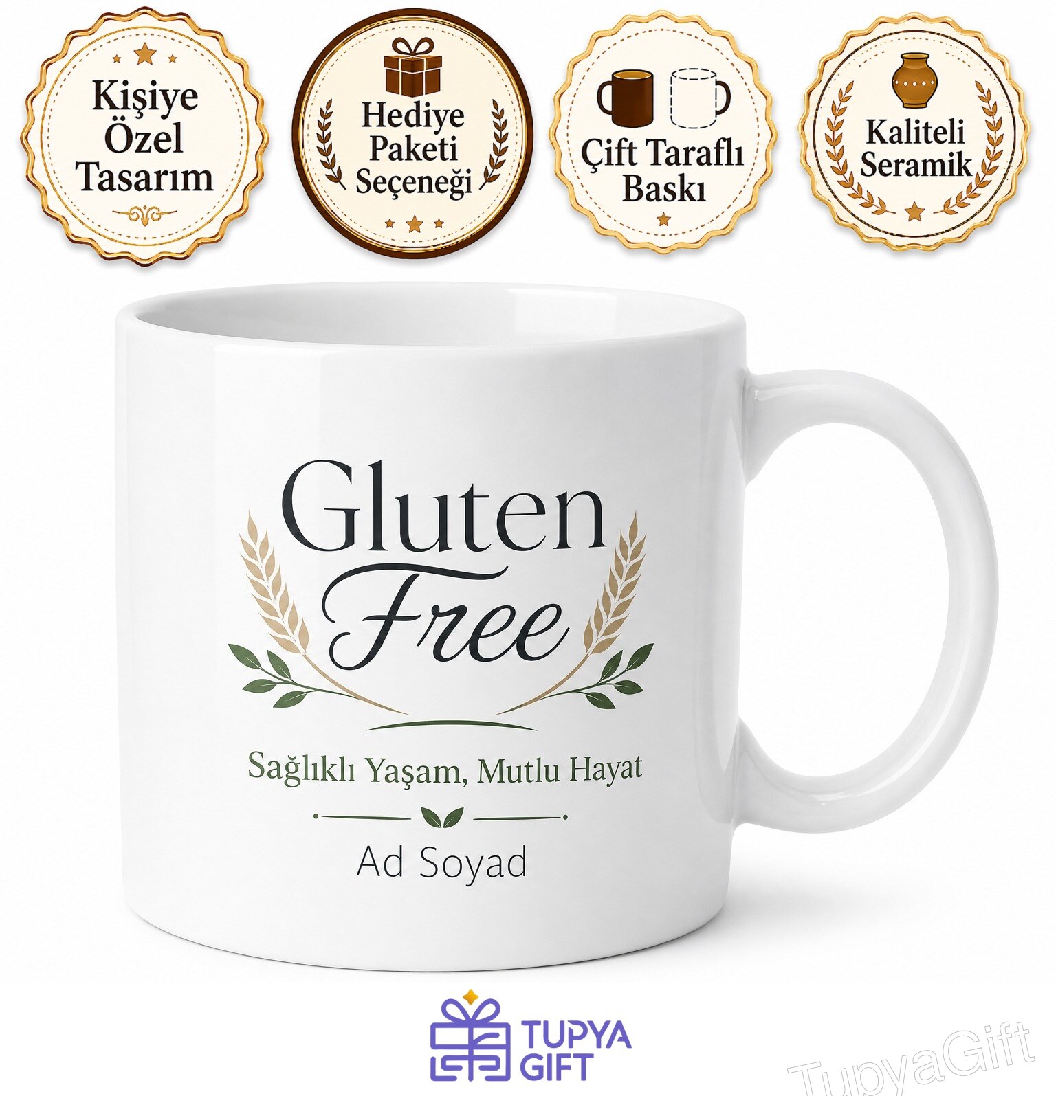 Gluten Free Baskılı Glütensiz İngilizce Çay Kupası Porselen Bardak Hediye