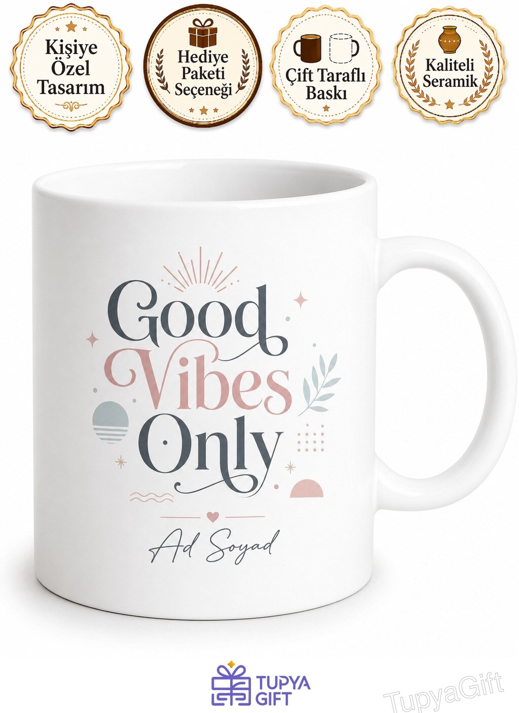 Good Vibes Only Yazılı Motivasyon Temalı Şık Seramik Kupa Bardak Hediye