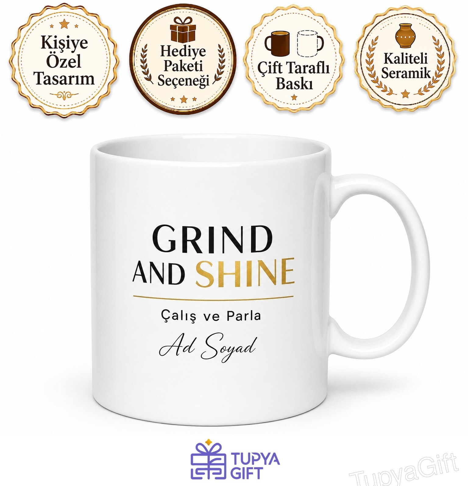 Grind And Shine Baskılı Çalış Ve Parla İngilizce Kahve Kupası Hediye Bardak