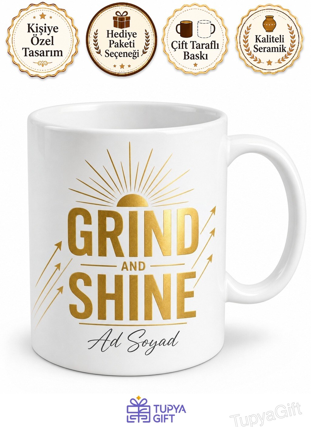 Grind And Shine Baskılı Çalış Ve Parla İngilizce Çay Kupası Hediye Bardak