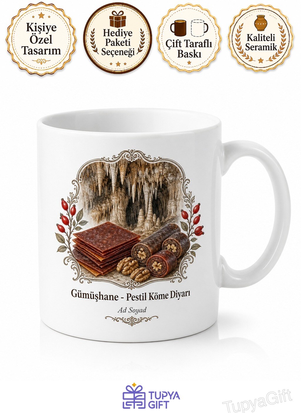 Gümüşhane Karaca Mağarası Kuşburnu Pestil Köme Diyarı Çay Kupası Hediye Bardak
