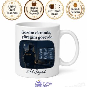 Güvenlik Görevlisi Kamera Monitör Gece Nöbeti Temalı Baskılı Kupa Bardak Hediye