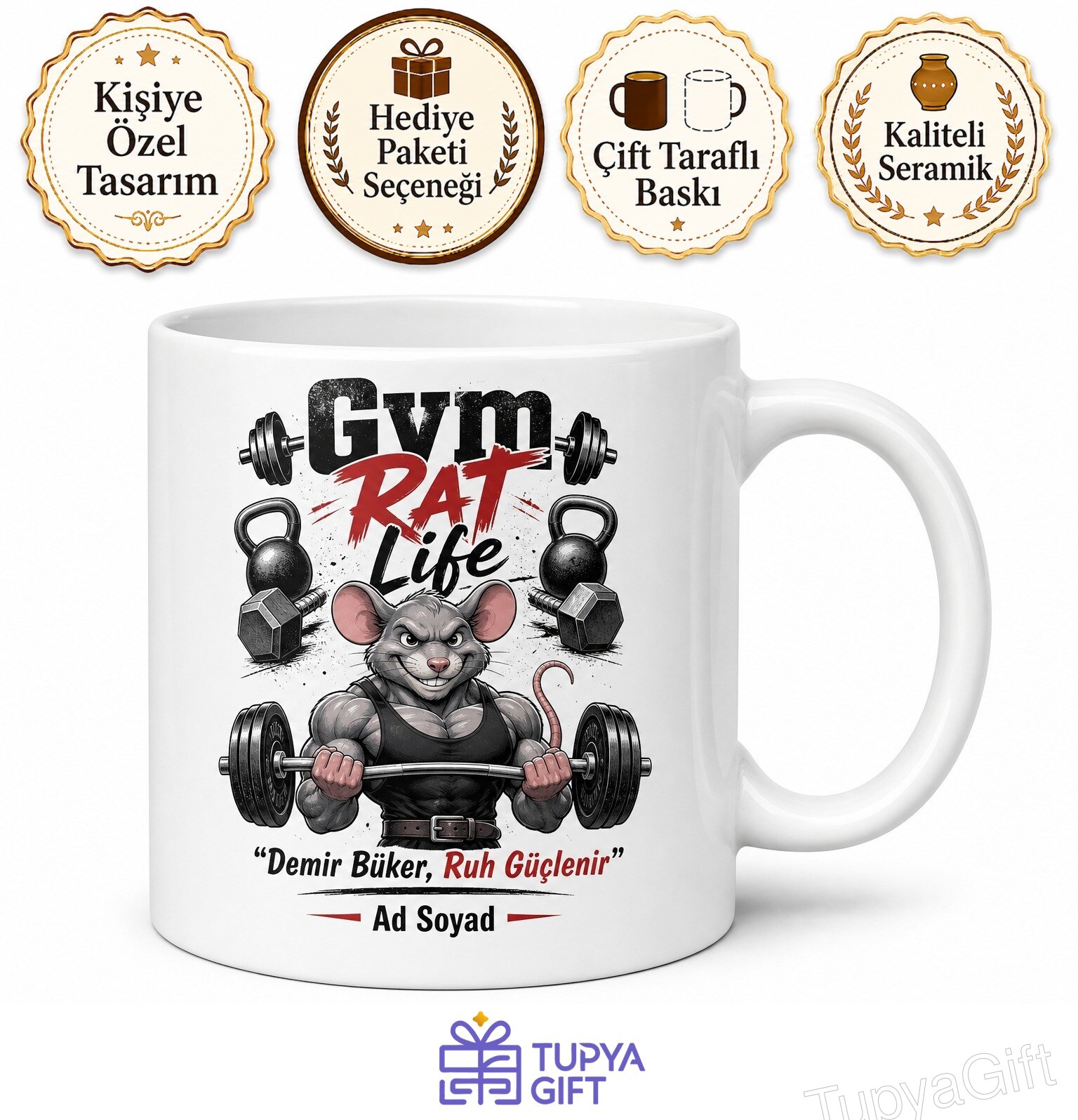 Gym Rat Life Yazılı Spor Salonu Faresi Hayatı İngilizce Kupa Bardak Hediye