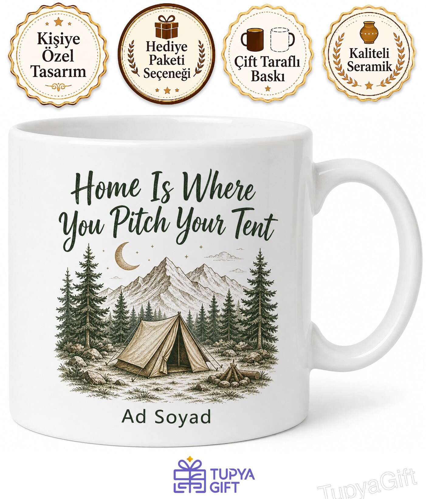 Home Is Where You Pitch Your Tent Temalı Kamp Doğa Sevgisi İngilizce Kupa Bardak Hediye